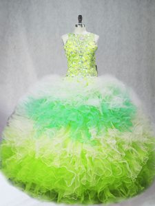 Multi-color Sleeveless Floor Length Beading and Ruffles Zipper 15th Birthday Dress