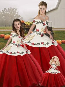 Exceptional White And Red Lace Up Quinceanera Gown Embroidery Sleeveless Floor Length