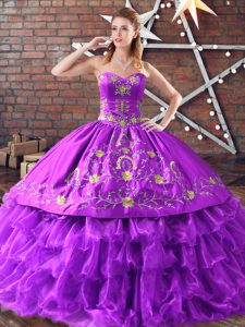 Embroidery and Ruffled Layers Ball Gown Prom Dress Purple Lace Up Sleeveless Floor Length