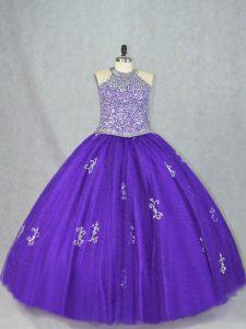 Halter Top Sleeveless Lace Up Quinceanera Gowns Purple Tulle