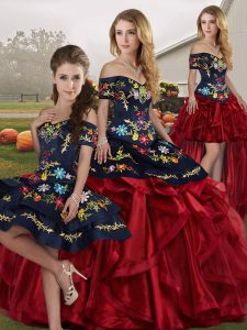 Red And Black Sleeveless Floor Length Embroidery and Ruffles Lace Up Sweet 16 Quinceanera Dress
