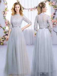High End Half Sleeves Floor Length Lace and Belt Zipper Damas Dress with Grey