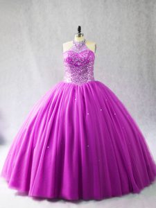 High Class Tulle Halter Top Sleeveless Brush Train Lace Up Beading Quinceanera Dress in Lilac