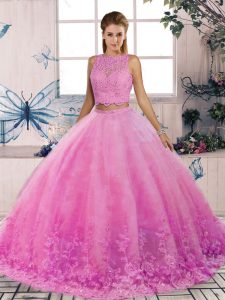 Classical Scalloped Sleeveless Quinceanera Gown Sweep Train Lace Rose Pink Tulle