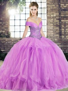 Lilac Lace Up Off The Shoulder Beading and Ruffles Vestidos de Quinceanera Tulle Sleeveless