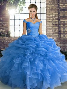 Off The Shoulder Sleeveless Organza Quinceanera Dress Beading and Ruffles and Pick Ups Lace Up