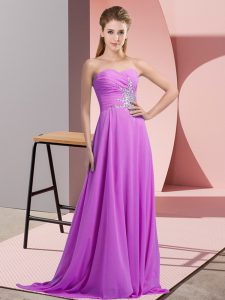 Floor Length Lilac Dress for Prom Chiffon Sleeveless Beading and Ruching