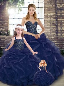 Ball Gowns Sweet 16 Dresses Navy Blue Sweetheart Tulle Sleeveless Floor Length Lace Up