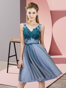 Chic Blue Lace Up Quinceanera Court of Honor Dress Appliques Sleeveless Knee Length