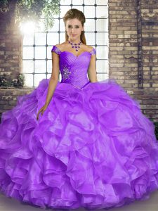 Organza Off The Shoulder Sleeveless Lace Up Beading and Ruffles Quinceanera Dress in Lavender