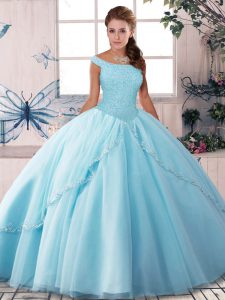 Chic Light Blue Ball Gowns Off The Shoulder Sleeveless Tulle Brush Train Lace Up Beading Ball Gown Prom Dress