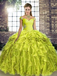 Yellow Green Organza Lace Up Off The Shoulder Sleeveless Quinceanera Gown Brush Train Beading and Ruffles