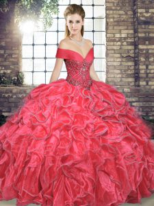 Custom Design Floor Length Lace Up Sweet 16 Quinceanera Dress Coral Red for Military Ball and Sweet 16 and Quinceanera with Beading and Ruffles