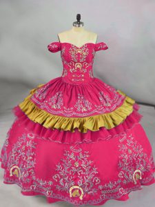 Unique Ball Gowns Quinceanera Gowns Hot Pink Off The Shoulder Satin Sleeveless Floor Length Lace Up
