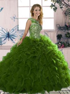Inexpensive Olive Green Ball Gowns Organza Scoop Sleeveless Beading and Ruffles Floor Length Lace Up Quinceanera Dress