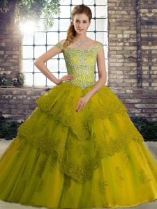 Olive Green Sleeveless Beading and Lace Lace Up Quinceanera Gowns