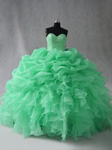 Extravagant Floor Length Lace Up Quince Ball Gowns Apple Green for Sweet 16 and Quinceanera with Beading and Ruffles and Pick Ups