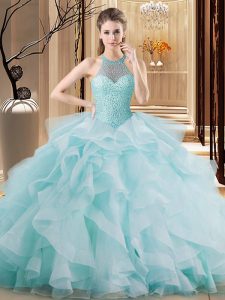 Light Blue Quince Ball Gowns Organza Brush Train Sleeveless Embroidery and Ruffles