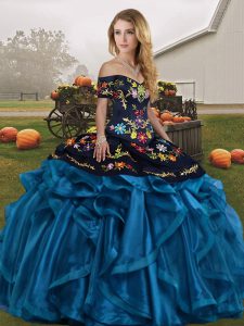 Floor Length Blue And Black Quince Ball Gowns Organza Sleeveless Embroidery and Ruffles