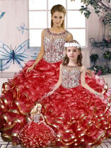 Delicate Red Ball Gowns Organza Scoop Sleeveless Beading and Ruffles Floor Length Lace Up Sweet 16 Dress