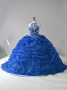 New Arrival Blue Sleeveless Beading and Pick Ups Lace Up 15 Quinceanera Dress