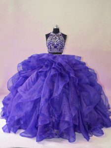 Purple 15 Quinceanera Dress Sweet 16 and Quinceanera with Beading and Ruffles Halter Top Sleeveless Brush Train Backless