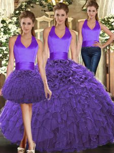 Purple Sleeveless Floor Length Ruffles Lace Up Sweet 16 Dresses
