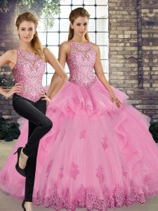 Scoop Sleeveless Sweet 16 Quinceanera Dress Floor Length Lace and Embroidery and Ruffles Rose Pink Tulle