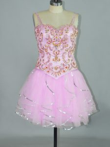 Modern Rose Pink Evening Party Dresses Prom and Party with Beading and Ruffles Spaghetti Straps Sleeveless Lace Up