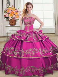 Sleeveless Floor Length Embroidery and Ruffled Layers Lace Up Ball Gown Prom Dress with Fuchsia