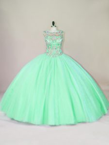 Pretty Apple Green Lace Up Scoop Beading Sweet 16 Dress Tulle Sleeveless