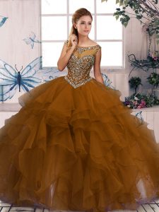 Organza Scoop Sleeveless Zipper Beading and Ruffles Quinceanera Dresses in Brown