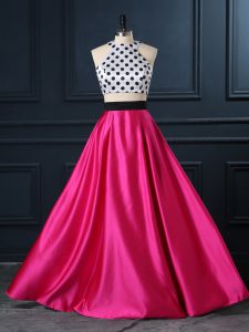 Popular Hot Pink Scoop Neckline Ruching Prom Dress Sleeveless Lace Up