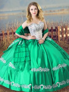 Sleeveless Floor Length Beading and Embroidery Lace Up Quinceanera Dress with Turquoise