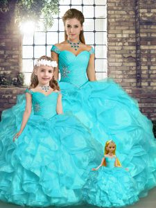 Latest Aqua Blue Off The Shoulder Neckline Beading and Ruffles Quinceanera Gown Sleeveless Lace Up