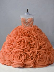 Sweetheart Sleeveless Brush Train Lace Up Quinceanera Gowns Orange Fabric With Rolling Flowers