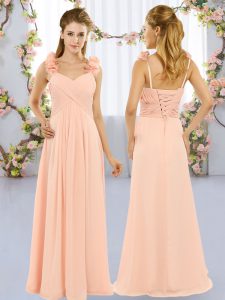 Custom Designed Peach Lace Up Quinceanera Dama Dress Hand Made Flower Sleeveless Floor Length
