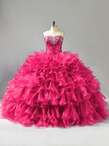 Fabulous Sleeveless Organza Floor Length Lace Up Quinceanera Gown in Hot Pink with Beading and Ruffles
