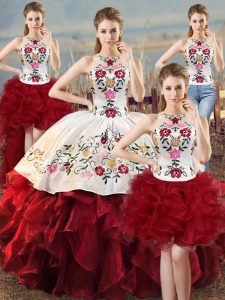 Glamorous White And Red Halter Top Neckline Embroidery and Ruffles Quinceanera Dresses Sleeveless Lace Up