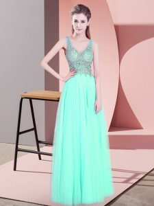 Fabulous Apple Green Empire Tulle V-neck Sleeveless Beading Floor Length Zipper Prom Party Dress