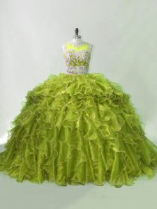 Organza Scoop Sleeveless Brush Train Zipper Beading and Ruffles Sweet 16 Dress in Olive Green