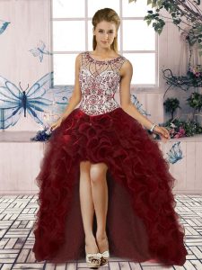 Great Beading and Ruffles Evening Dress Burgundy Lace Up Sleeveless High Low