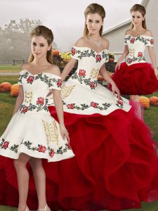 Custom Design Off The Shoulder Sleeveless Lace Up Sweet 16 Dresses White And Red Tulle