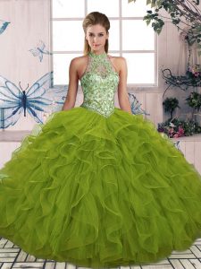 High End Olive Green Lace Up Quinceanera Dress Beading and Ruffles Sleeveless Floor Length