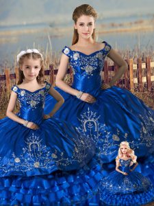 Stunning Off The Shoulder Sleeveless Ball Gown Prom Dress Floor Length Beading and Ruffles Royal Blue Satin and Organza