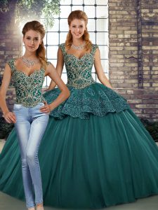 Custom Made Green Two Pieces Straps Sleeveless Tulle Floor Length Lace Up Beading and Appliques Sweet 16 Dress