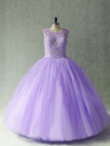 Best Lavender Sleeveless Floor Length Beading Lace Up Quinceanera Dresses