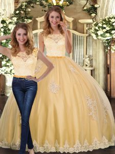 Floor Length Two Pieces Sleeveless Gold Sweet 16 Quinceanera Dress Clasp Handle