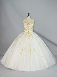 Champagne Ball Gowns Beading Sweet 16 Dresses Lace Up Tulle Sleeveless Floor Length