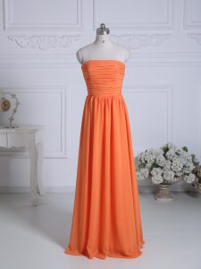 Strapless Sleeveless Quinceanera Court of Honor Dress Floor Length Ruching Orange Chiffon